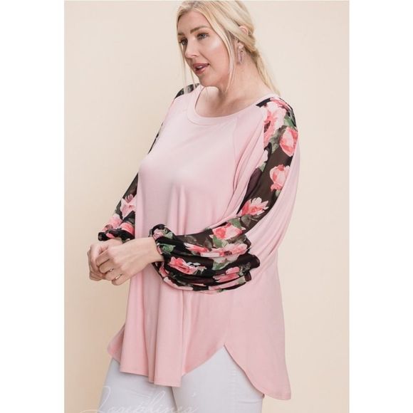 Pink Plus Size Top With Floral Sleeves - Picture 5 of 5